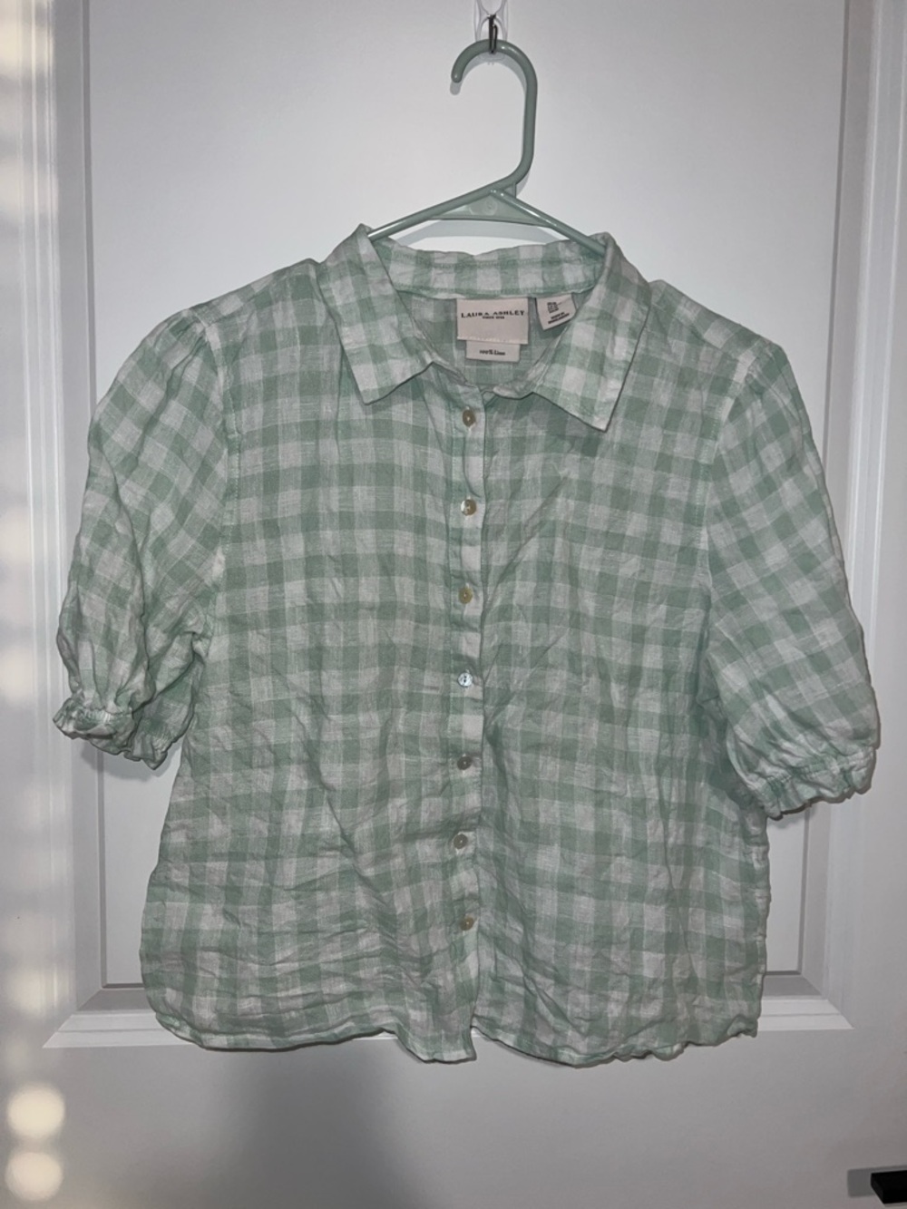 Laura Ashley 100% linen Gingham Button-Front Blouse cropped Medium